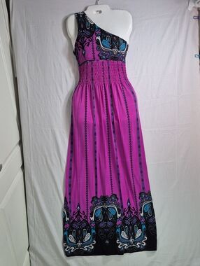 Michael F. One-Shoulder Purple Maxi Dress with Paisley Border